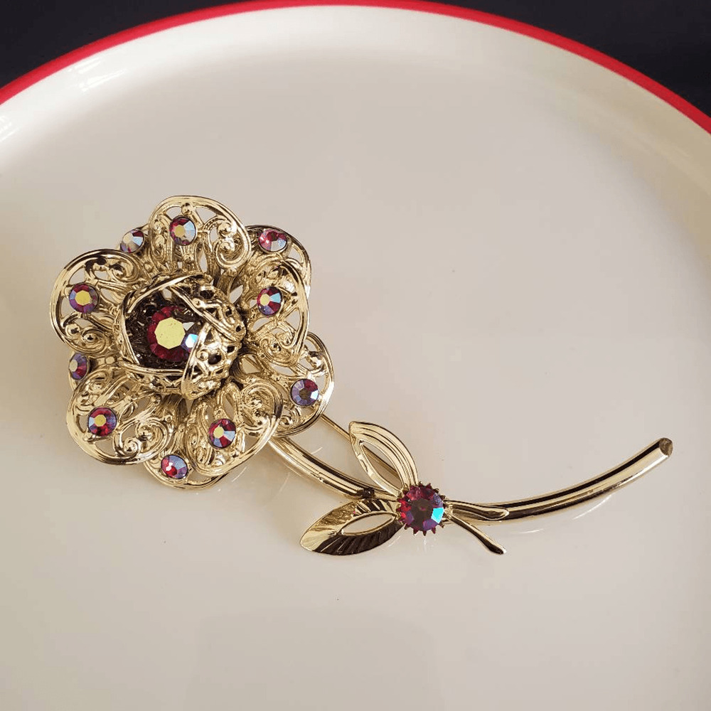 VTG Sarah Coventry Red Aurora Borealis Gold Tone Large Flower Brooch Pin Signed‎